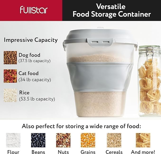 fullstar Rice Container 50 Lbs Storage - 50Lb Rice Storage Container 50 Lbs Flour Storage - Rice Container Storage Large Food Container - Dog Food Storage Container Pet Food Container Storage (Gray)