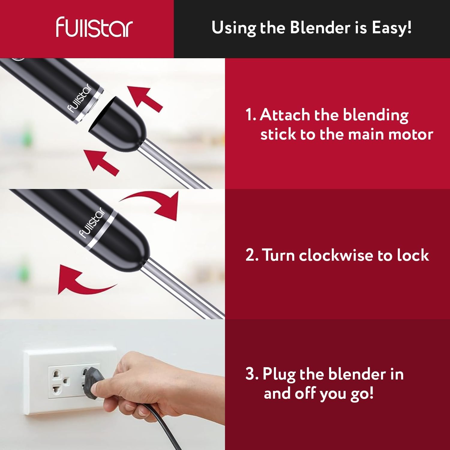 fullstar Immersion Blender Set, 9-Speed 500W Handheld Electric Hand Mixer, Smoothie Blender (3-in-1, Black)