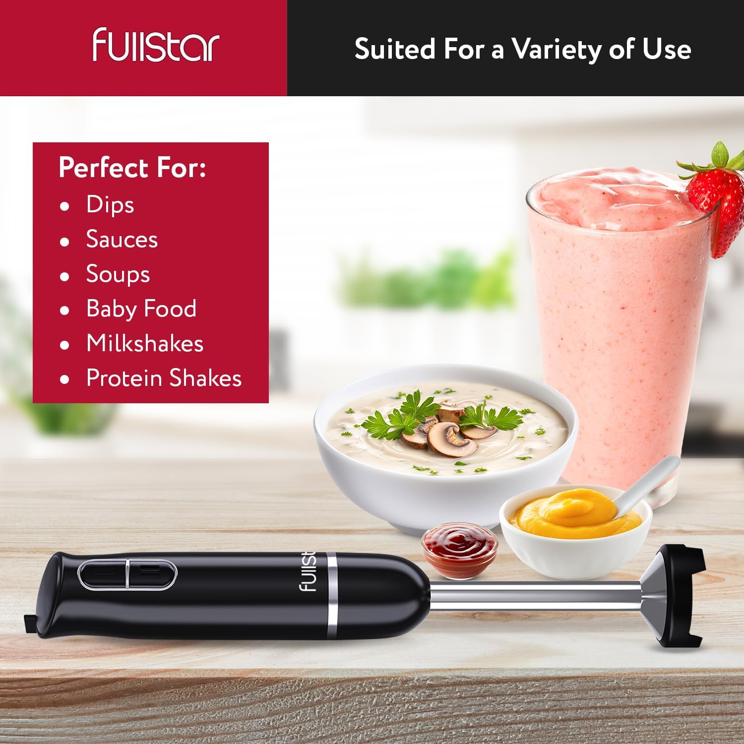 fullstar Immersion Blender Set, 9-Speed 500W Handheld Electric Hand Mixer, Smoothie Blender (3-in-1, Black)