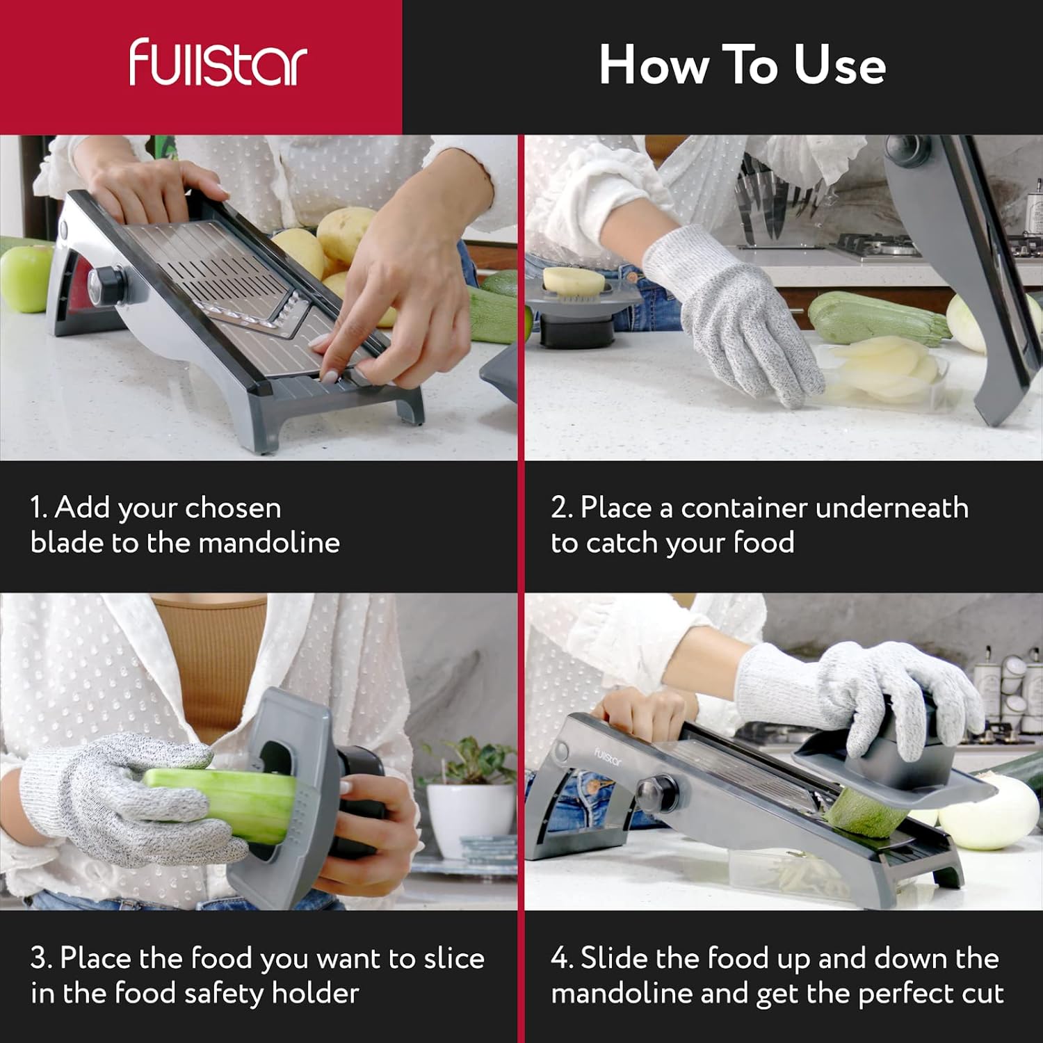 Fullstar Stainless Steel Mandoline Slicer for Kitchen, Vegetable Cutter & Cheese Grater, Anti-Slip Base & Protective Glove Included (7-in-1, Silver)