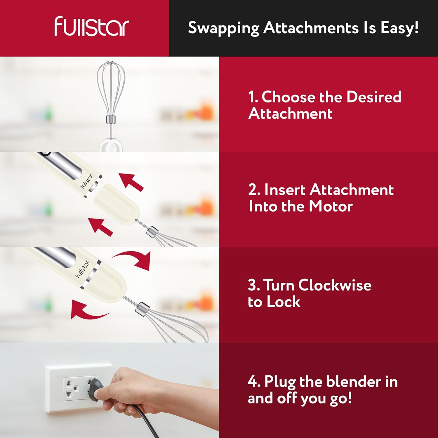 fullstar Immersion Blender Set, 9-Speed 500W Handheld Electric Hand Mixer, Smoothie Blender (3-in-1, Black)