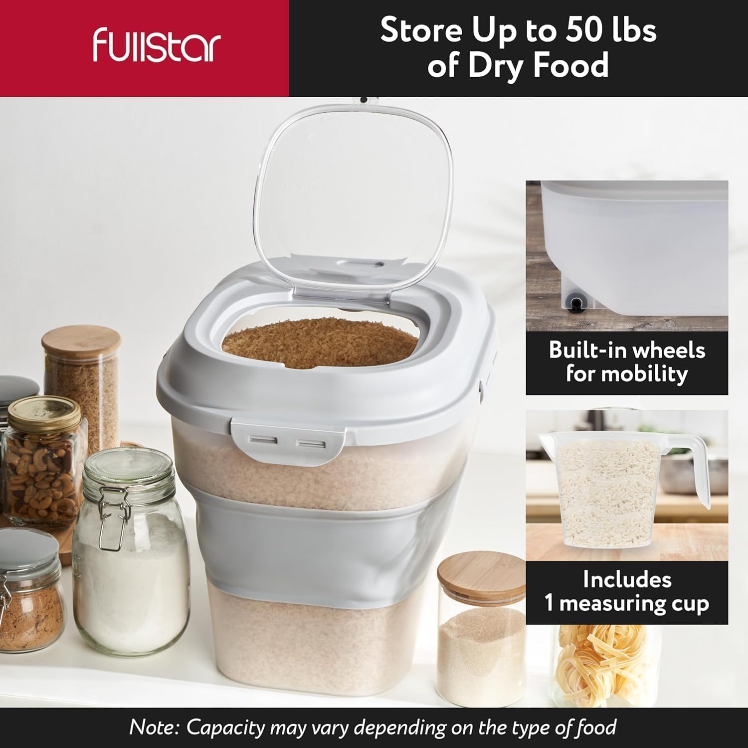 fullstar Rice Container 50 Lbs Storage - 50Lb Rice Storage Container 50 Lbs Flour Storage - Rice Container Storage Large Food Container - Dog Food Storage Container Pet Food Container Storage (Gray)