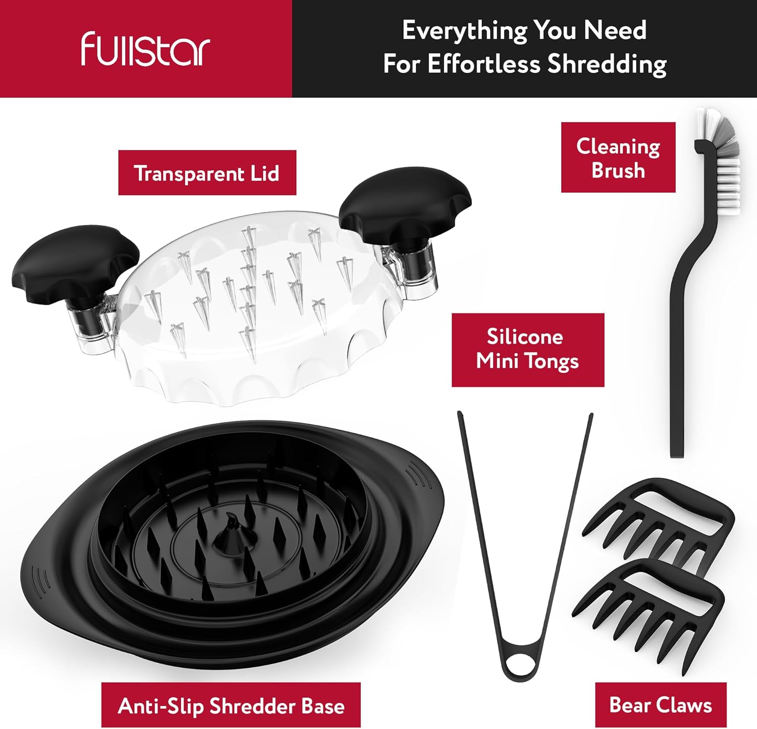 Fullstar Chicken Shredder Tool Twist Set - Meat & Chicken Breast Shredding Tool, Pork Shredder, Large Food Slicer (Black)