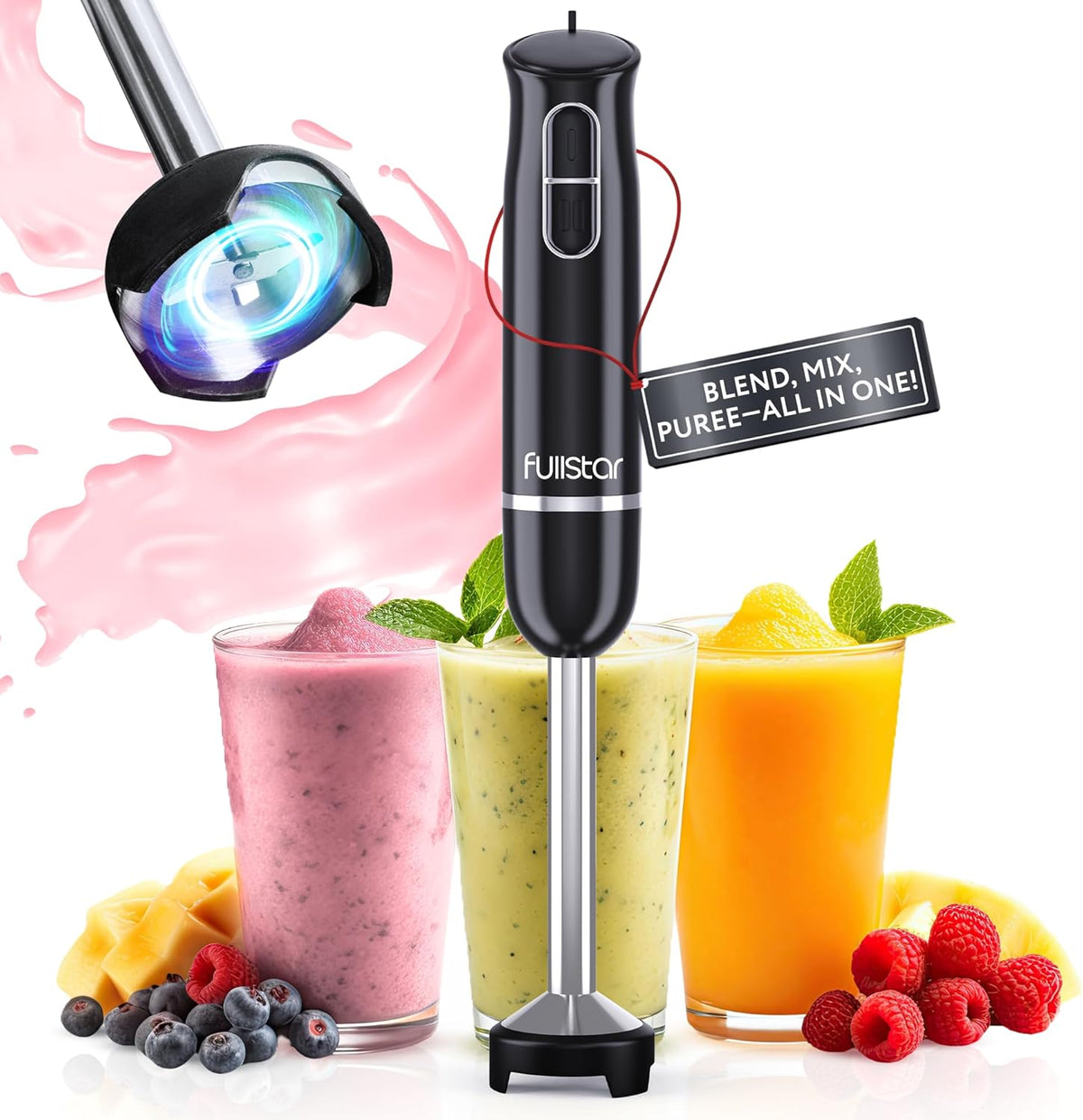 fullstar Immersion Blender Set, 9-Speed 500W Handheld Electric Hand Mixer, Smoothie Blender (3-in-1, Black)