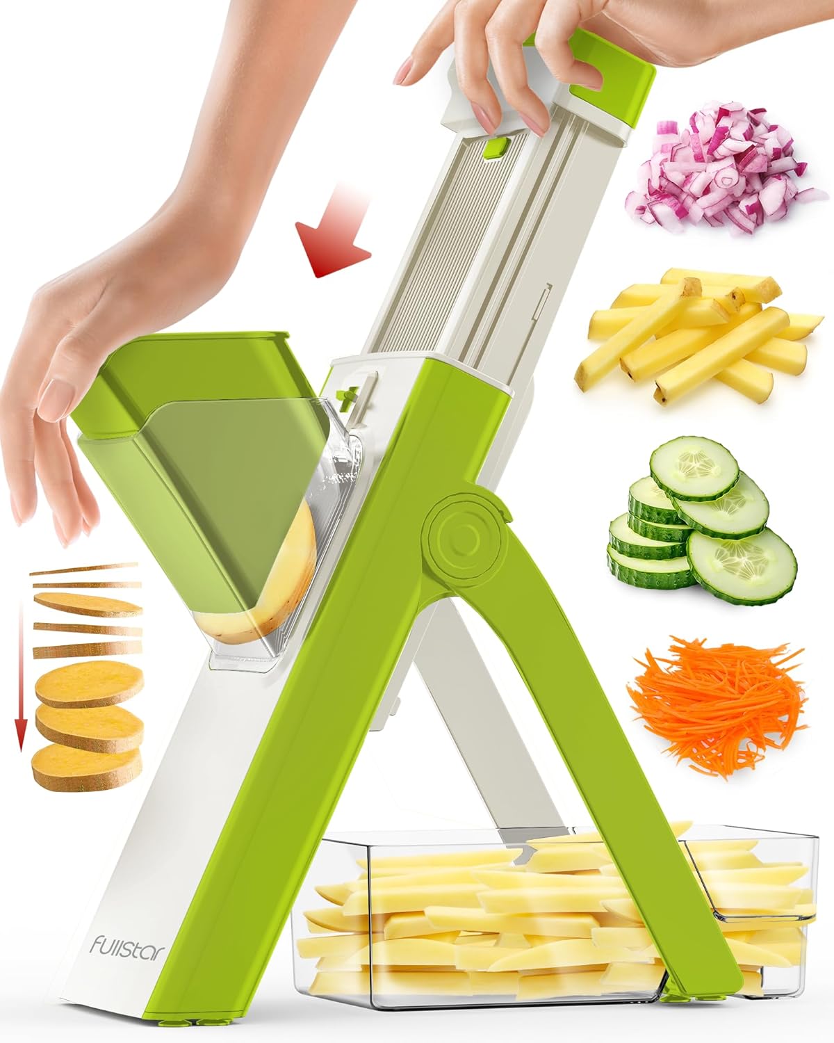 Fullstar Safer Mandoline Slicer for Kitchen, Cucumber Slicer, Potato, Julienne Vegetable & Food Chopper (4 in 1, Solid White)