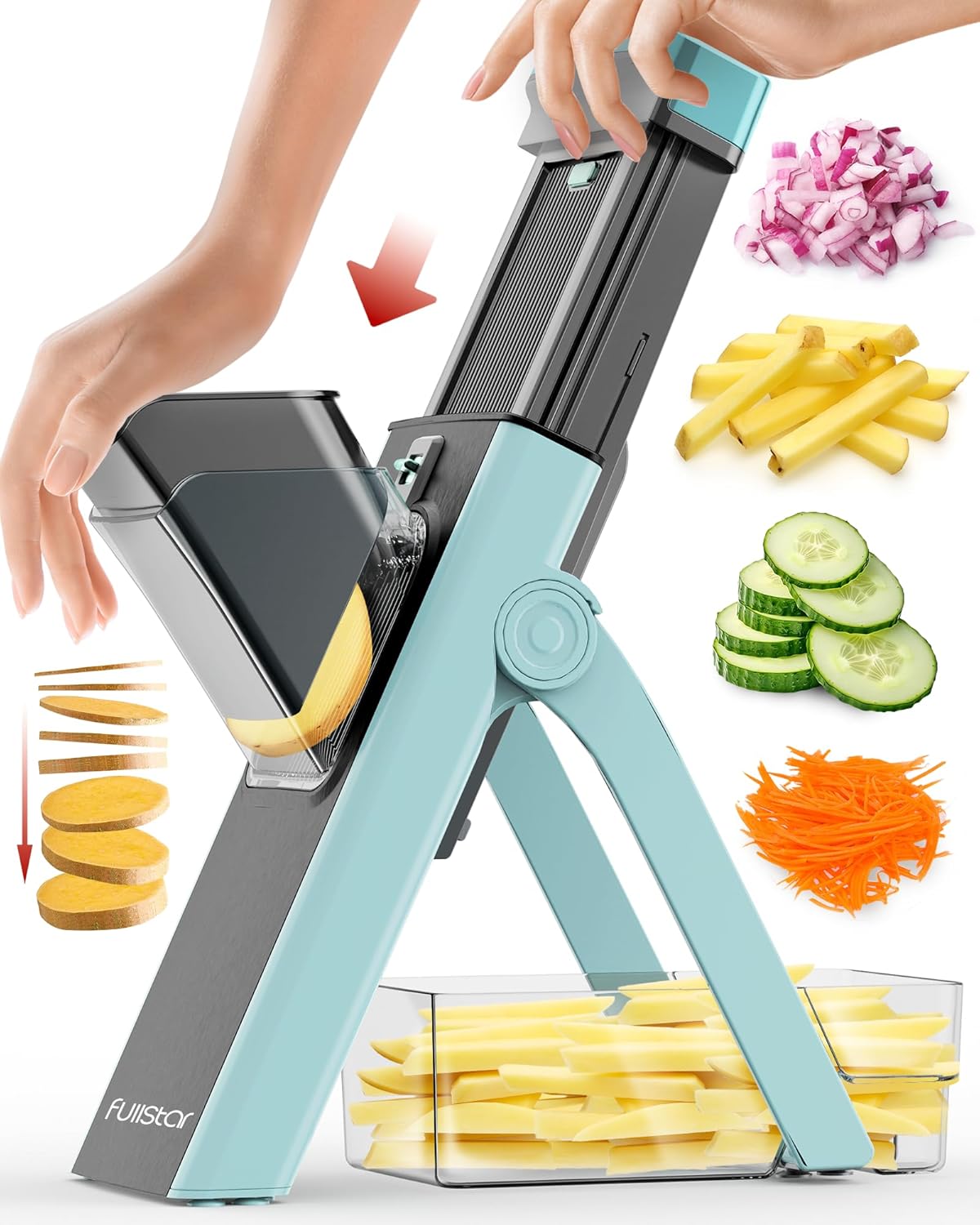 Fullstar Safer Mandoline Slicer for Kitchen, Cucumber Slicer, Potato, Julienne Vegetable & Food Chopper (4 in 1, Solid White)