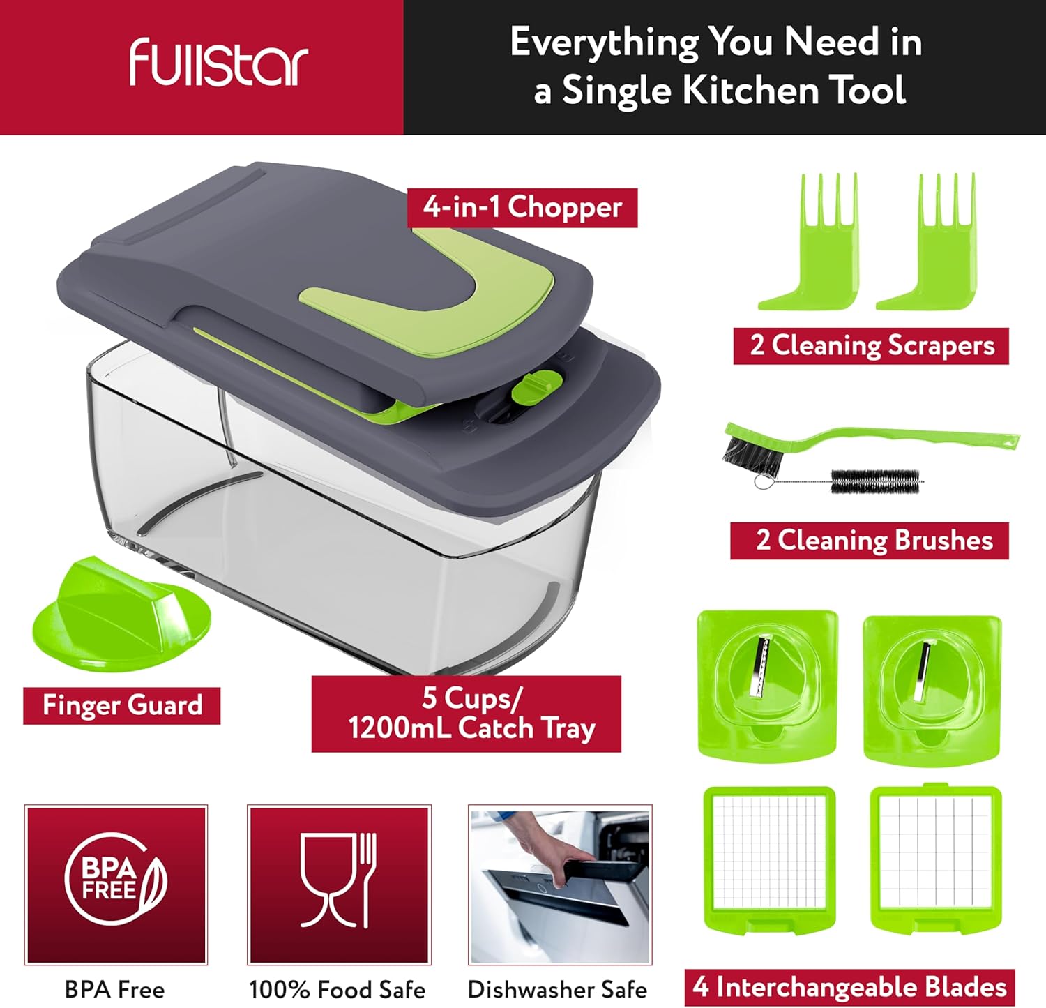 Fullstar Vegetable Chopper and Spiralizer - Food Chopper with Container, Fruit Slicer, Kitchen Gadgets & Accessories, Home Essentials (4 in 1, White)