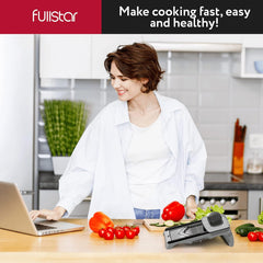 Fullstar Stainless Steel Mandoline Slicer for Kitchen, Vegetable Cutter & Cheese Grater, Anti-Slip Base & Protective Glove Included (7-in-1, Silver)