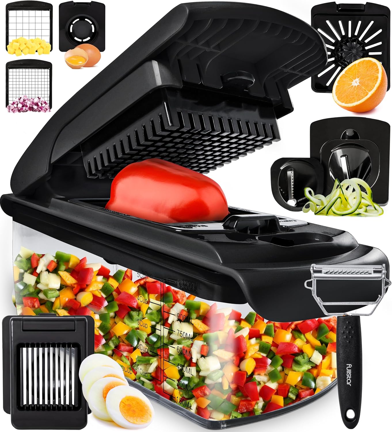Fullstar Vegetable Chopper and Spiralizer - Food Chopper with Container, Fruit Slicer, Kitchen Gadgets & Accessories, Home Essentials (4 in 1, White)