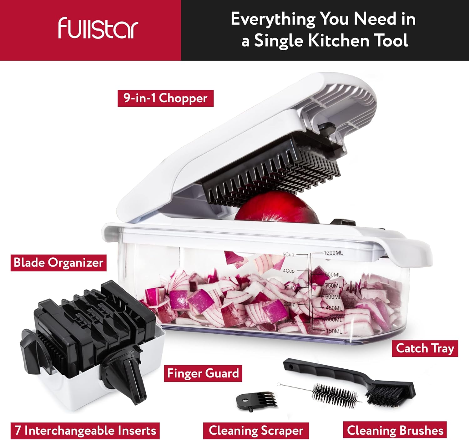 Fullstar Vegetable Chopper and Spiralizer - Food Chopper with Container, Fruit Slicer, Kitchen Gadgets & Accessories, Home Essentials (4 in 1, White)