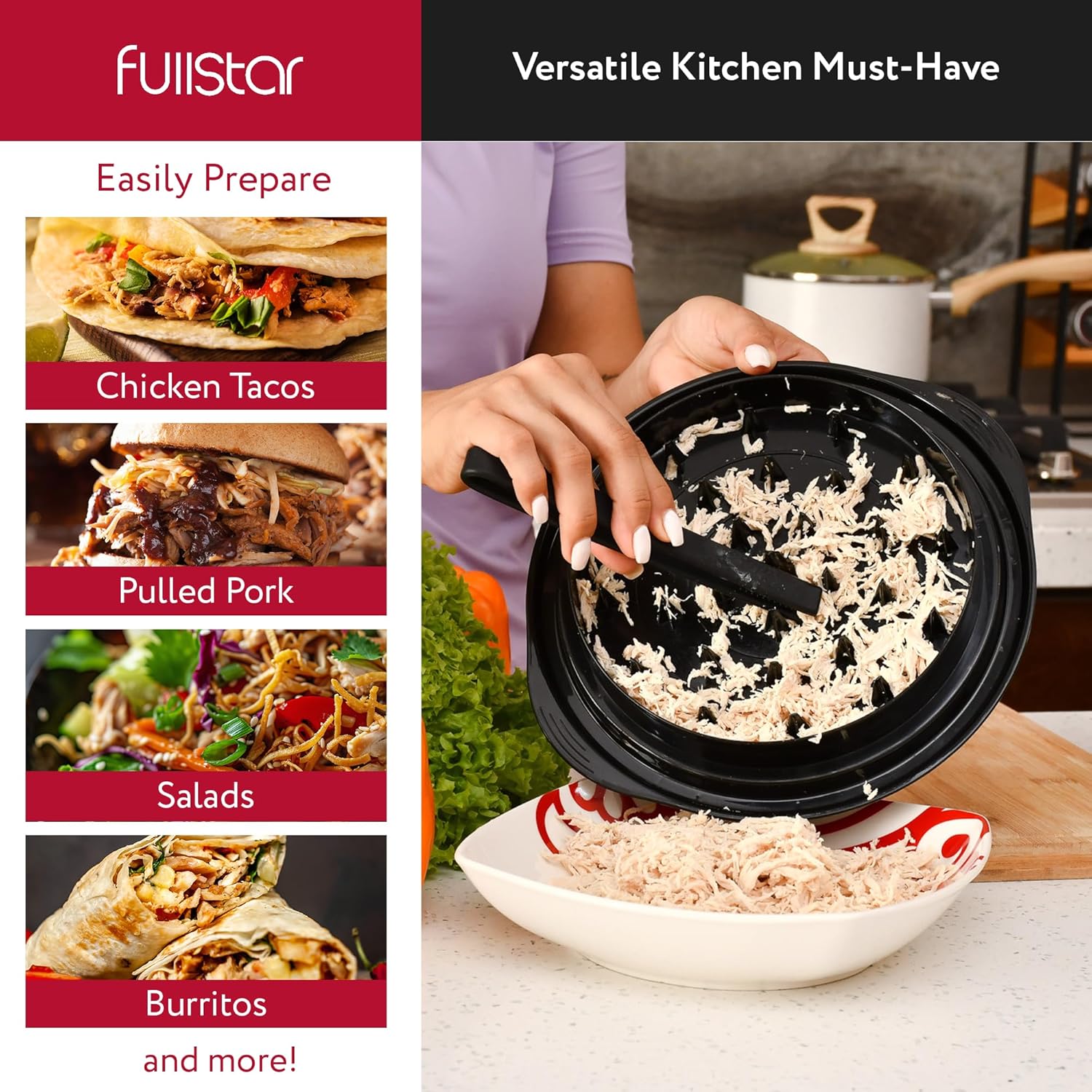Fullstar Chicken Shredder Tool Twist Set - Meat & Chicken Breast Shredding Tool, Pork Shredder, Large Food Slicer (Black)