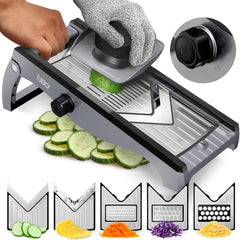 Fullstar Stainless Steel Mandoline Slicer for Kitchen, Vegetable Cutter & Cheese Grater, Anti-Slip Base & Protective Glove Included (7-in-1, Silver)