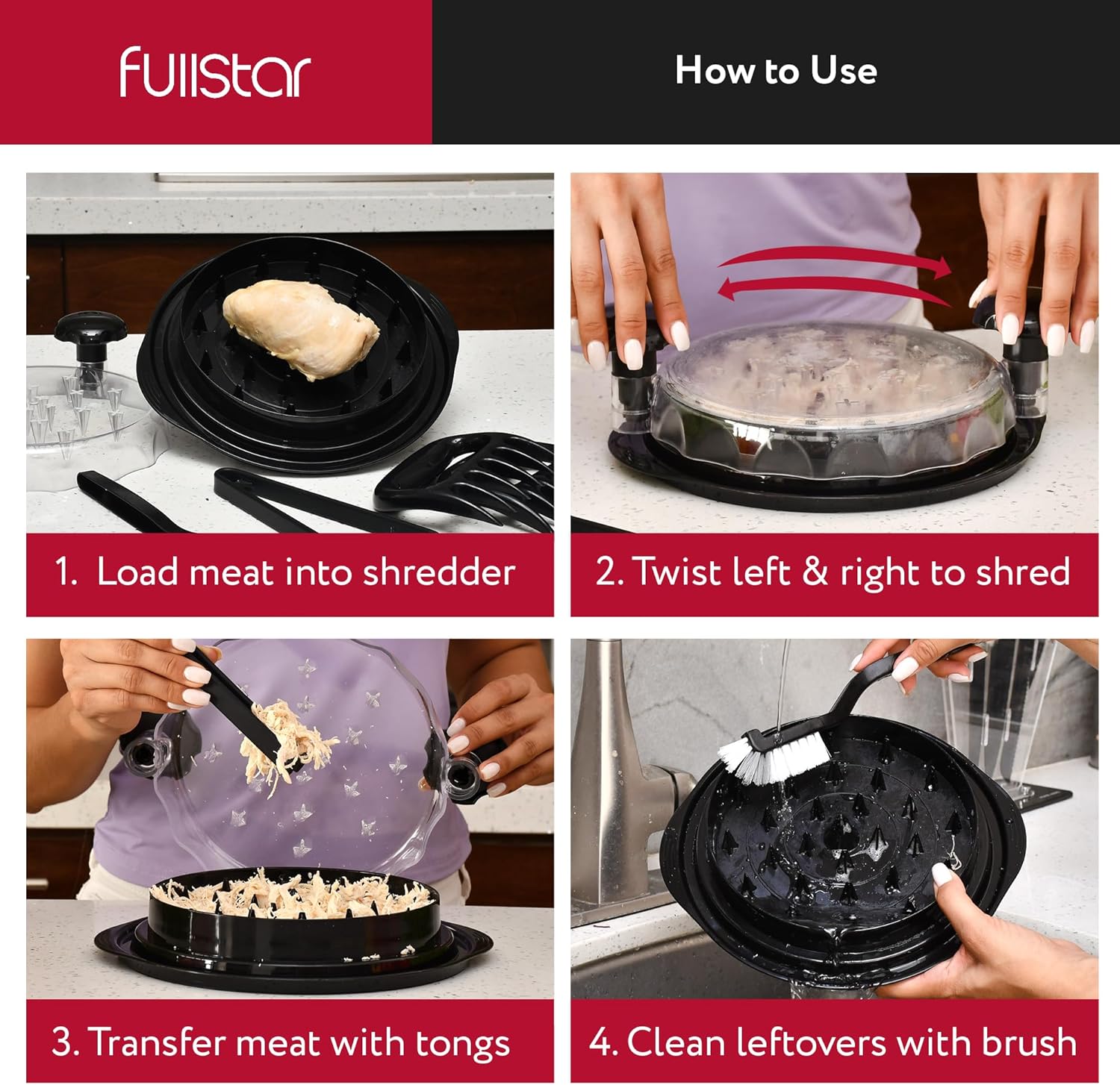 Fullstar Chicken Shredder Tool Twist Set - Meat & Chicken Breast Shredding Tool, Pork Shredder, Large Food Slicer (Black)