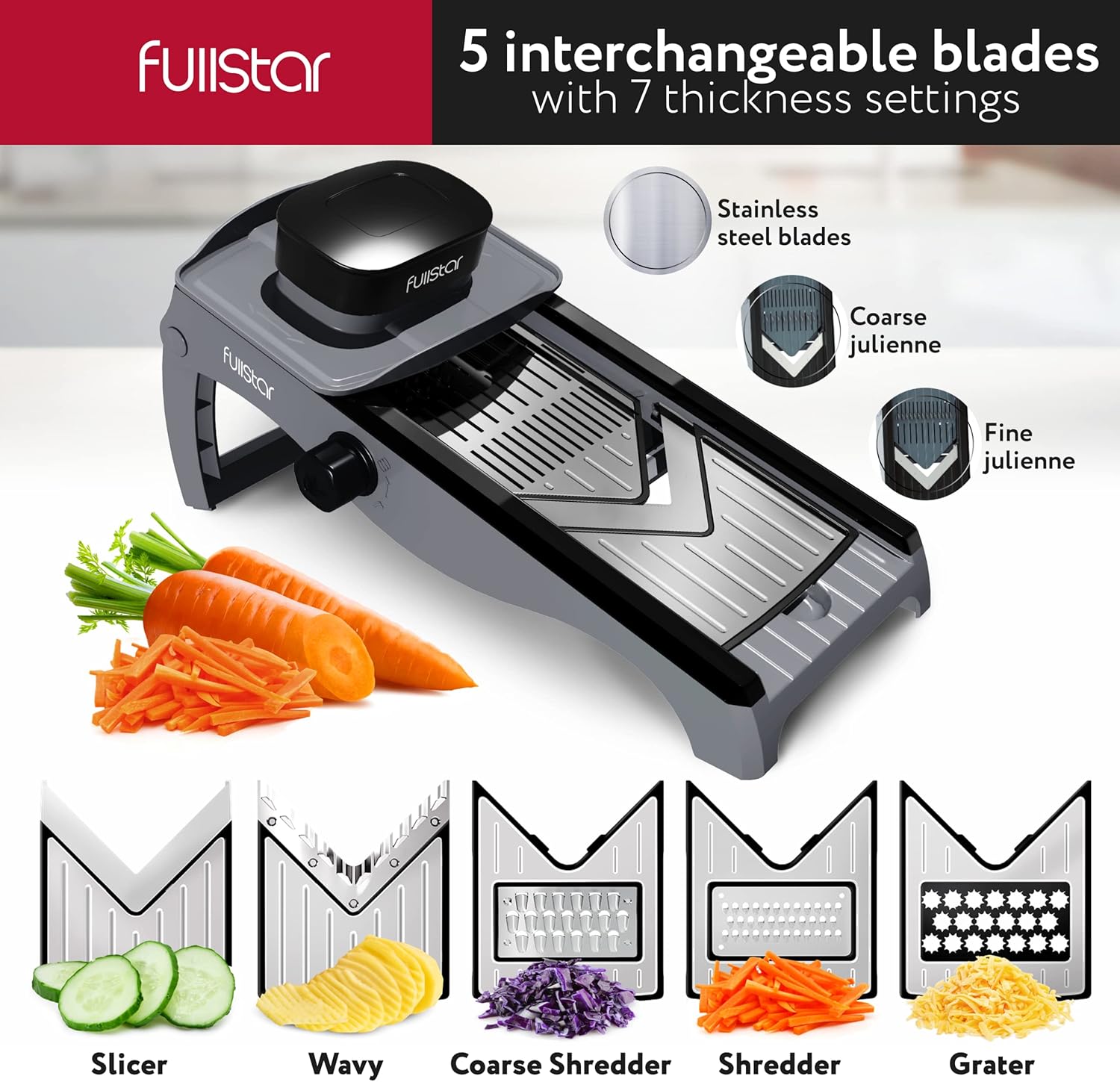 Fullstar Stainless Steel Mandoline Slicer for Kitchen, Vegetable Cutter & Cheese Grater, Anti-Slip Base & Protective Glove Included (7-in-1, Silver)