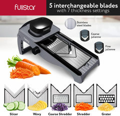 Fullstar Stainless Steel Mandoline Slicer for Kitchen, Vegetable Cutter & Cheese Grater, Anti-Slip Base & Protective Glove Included (7-in-1, Silver)