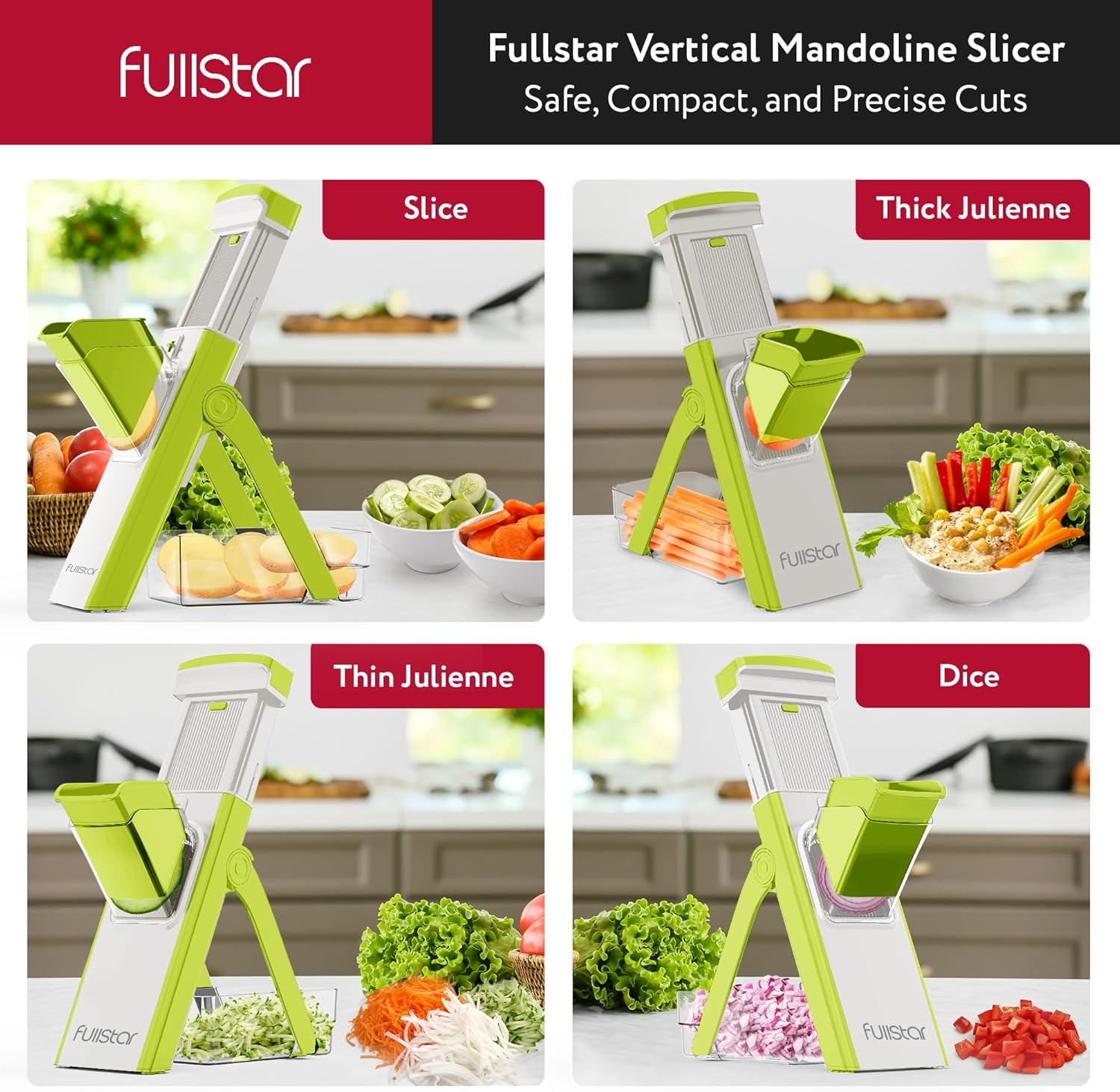 Fullstar Safer Mandoline Slicer for Kitchen, Cucumber Slicer, Potato, Julienne Vegetable & Food Chopper (4 in 1, Solid White)