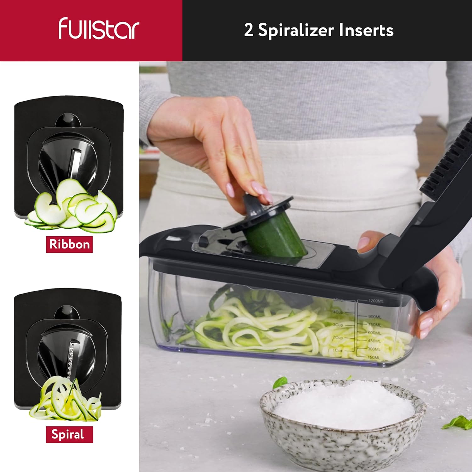 Fullstar Vegetable Chopper and Spiralizer - Food Chopper with Container, Fruit Slicer, Kitchen Gadgets & Accessories, Home Essentials (4 in 1, White)