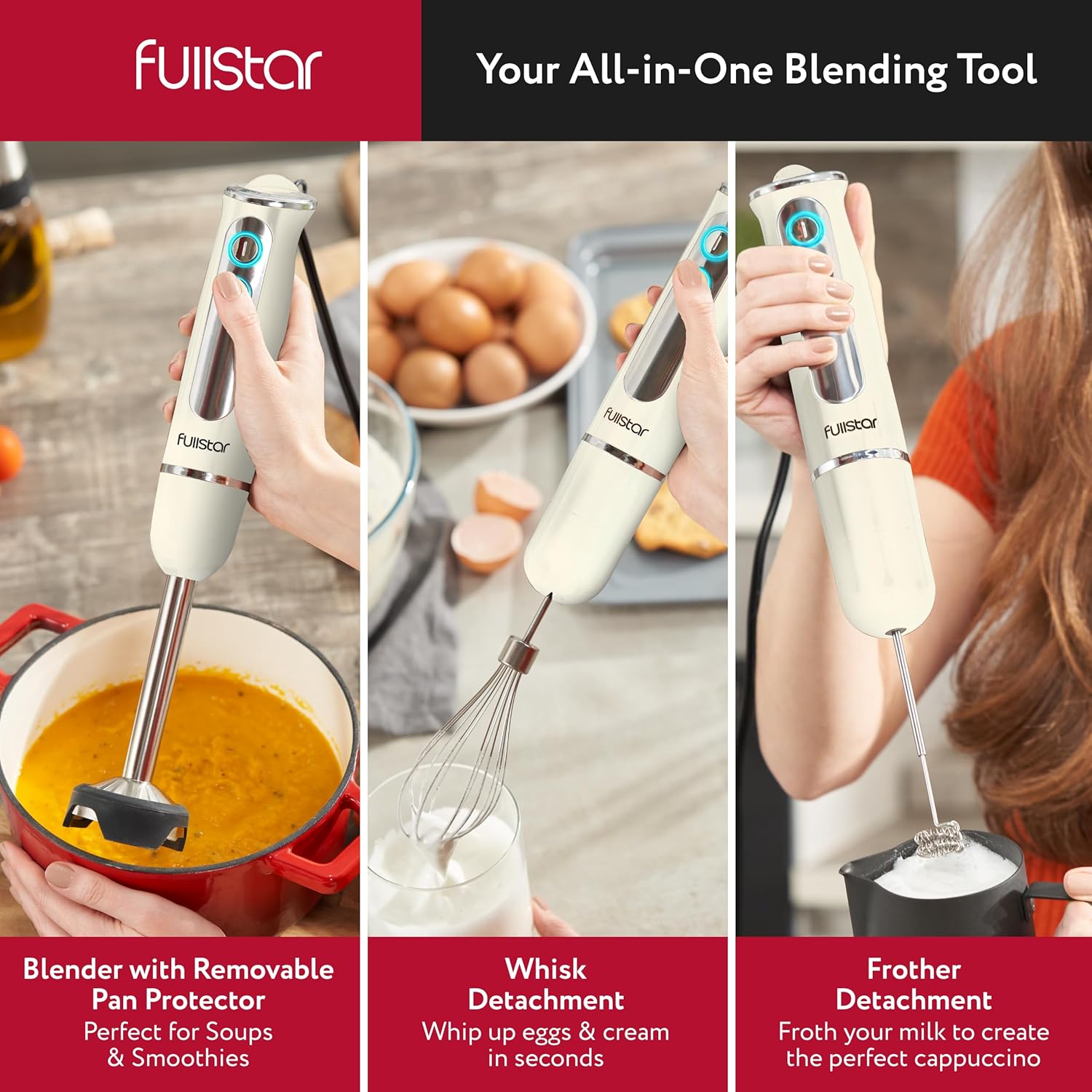 fullstar Immersion Blender Set, 9-Speed 500W Handheld Electric Hand Mixer, Smoothie Blender (3-in-1, Black)
