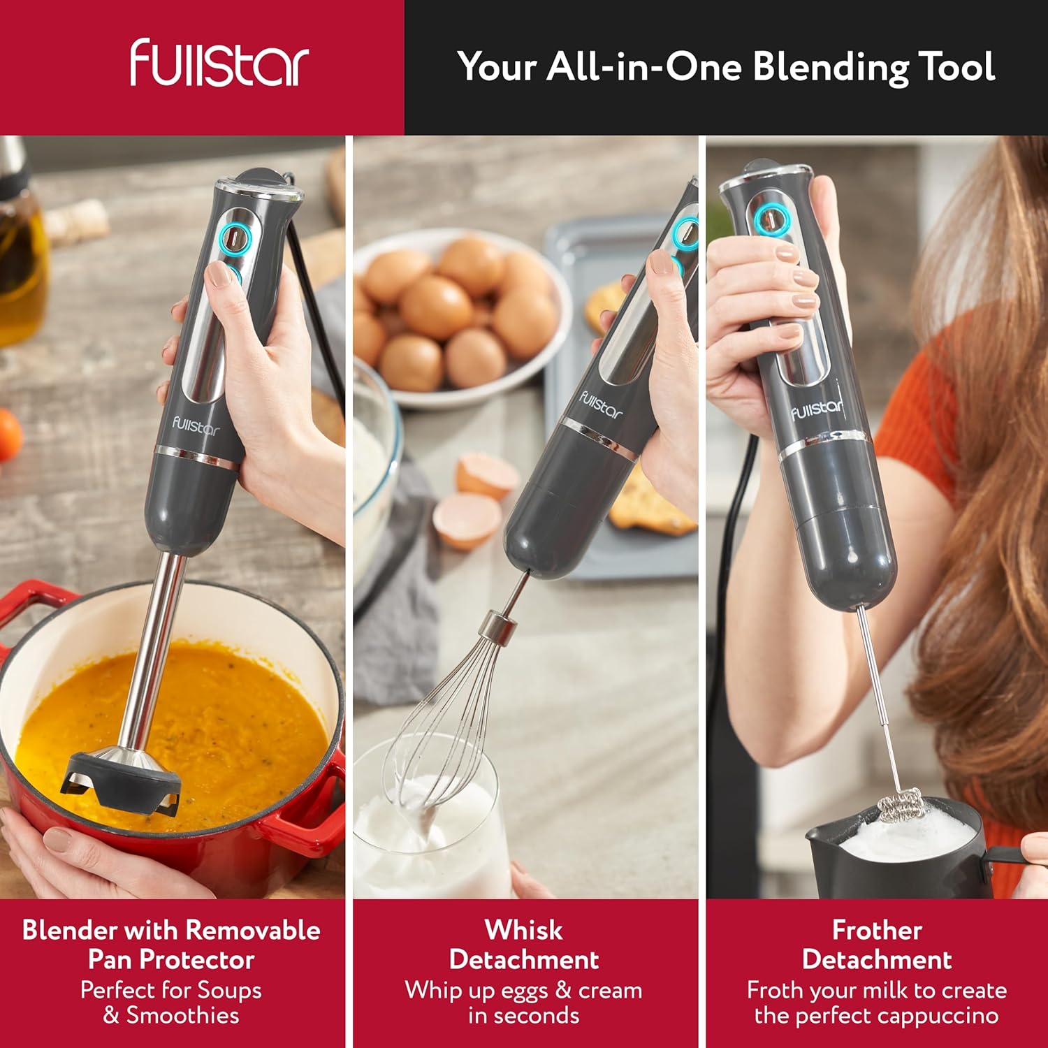 fullstar Immersion Blender Set, 9-Speed 500W Handheld Electric Hand Mixer, Smoothie Blender (3-in-1, Black)