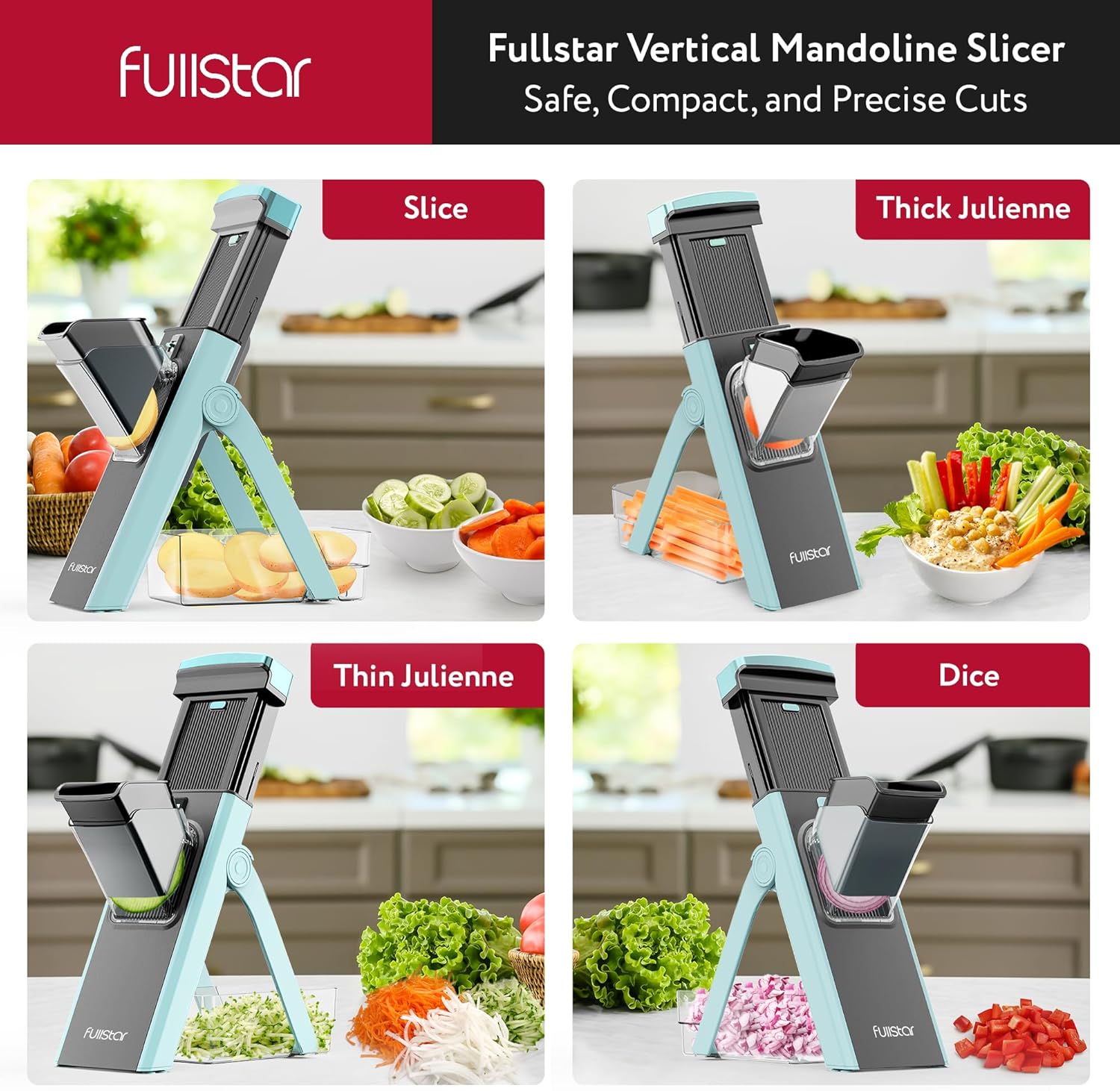 Fullstar Safer Mandoline Slicer for Kitchen, Cucumber Slicer, Potato, Julienne Vegetable & Food Chopper (4 in 1, Solid White)
