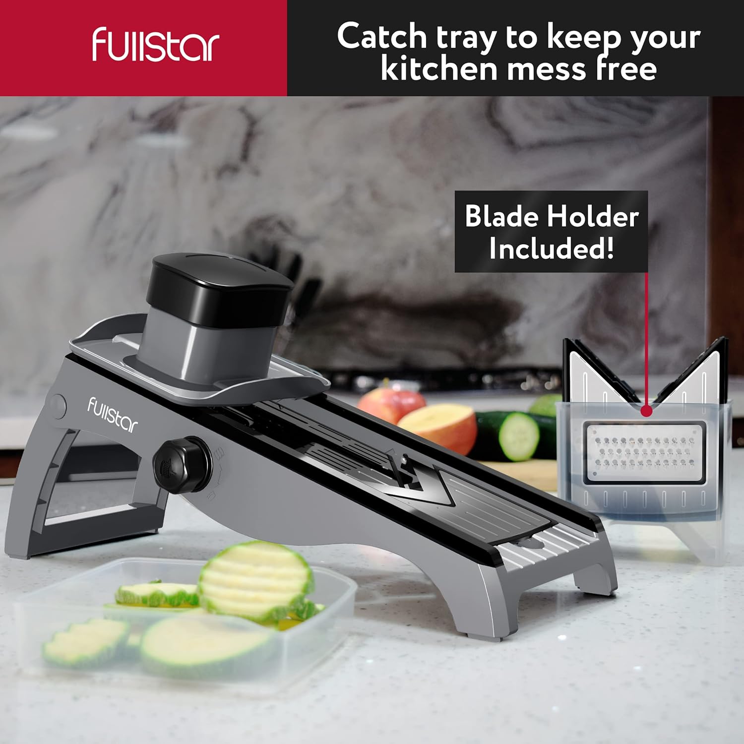 Fullstar Stainless Steel Mandoline Slicer for Kitchen, Vegetable Cutter & Cheese Grater, Anti-Slip Base & Protective Glove Included (7-in-1, Silver)