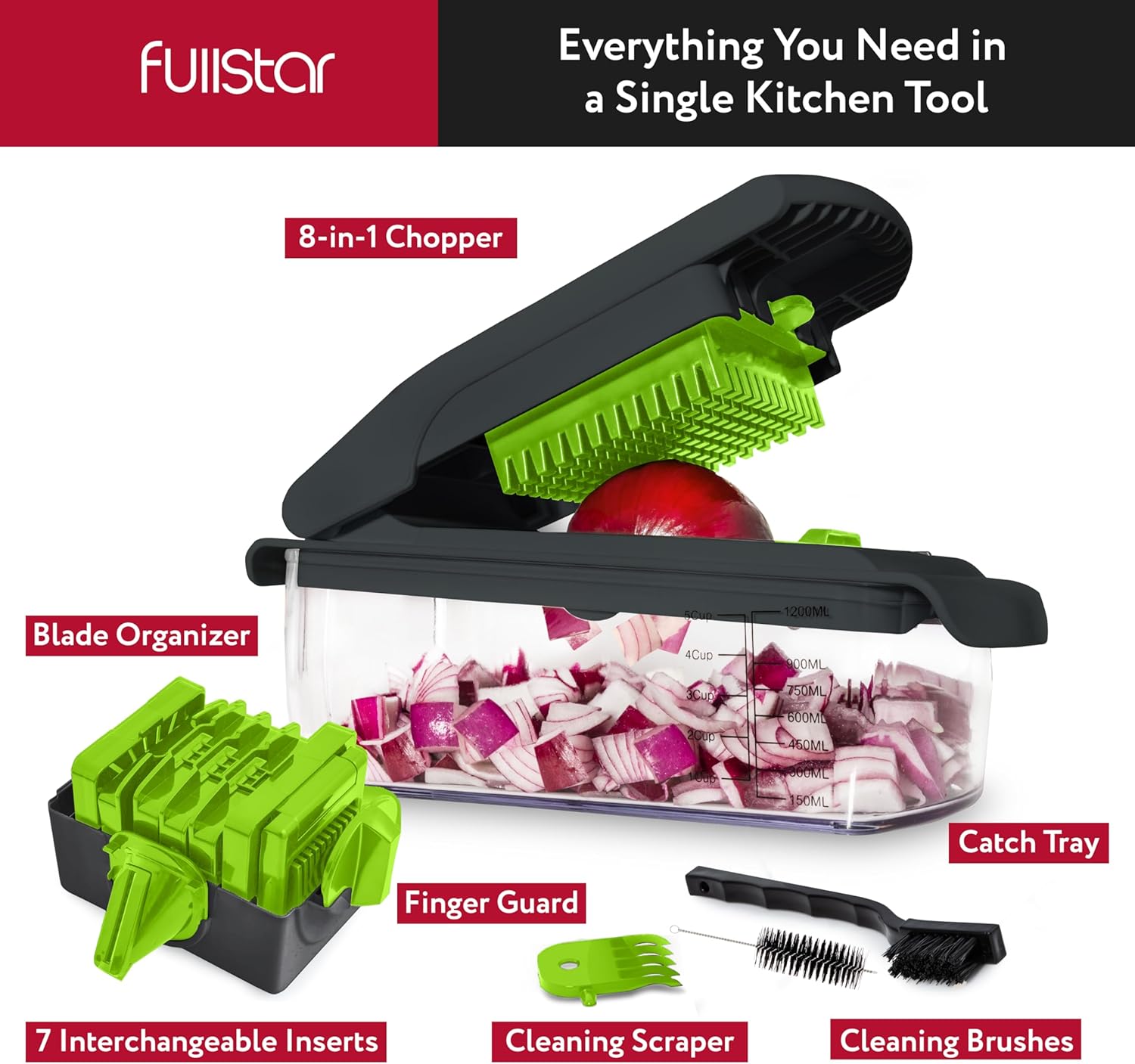 Fullstar Vegetable Chopper and Spiralizer - Food Chopper with Container, Fruit Slicer, Kitchen Gadgets & Accessories, Home Essentials (4 in 1, White)