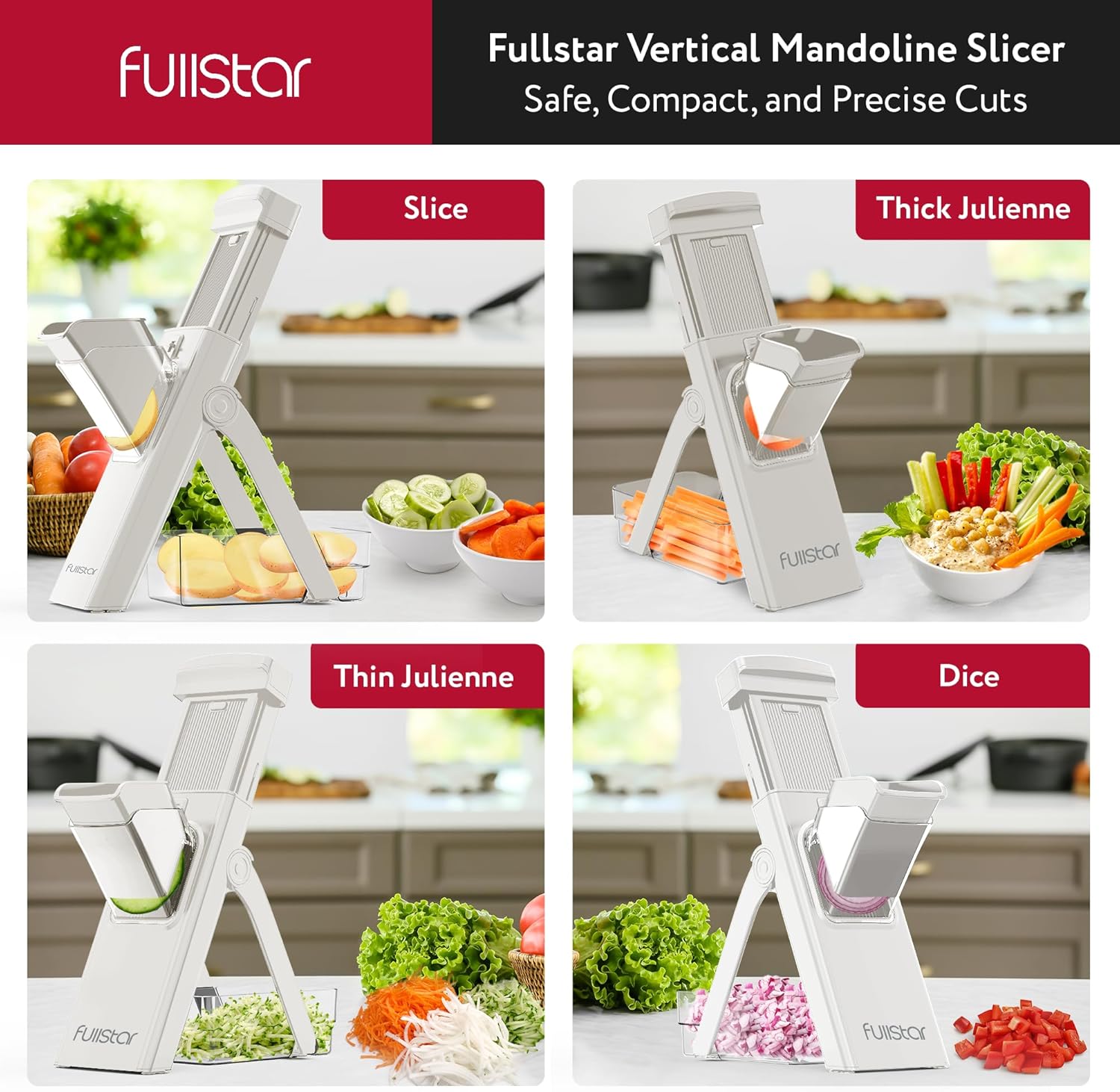 Fullstar Safer Mandoline Slicer for Kitchen, Cucumber Slicer, Potato, Julienne Vegetable & Food Chopper (4 in 1, Solid White)