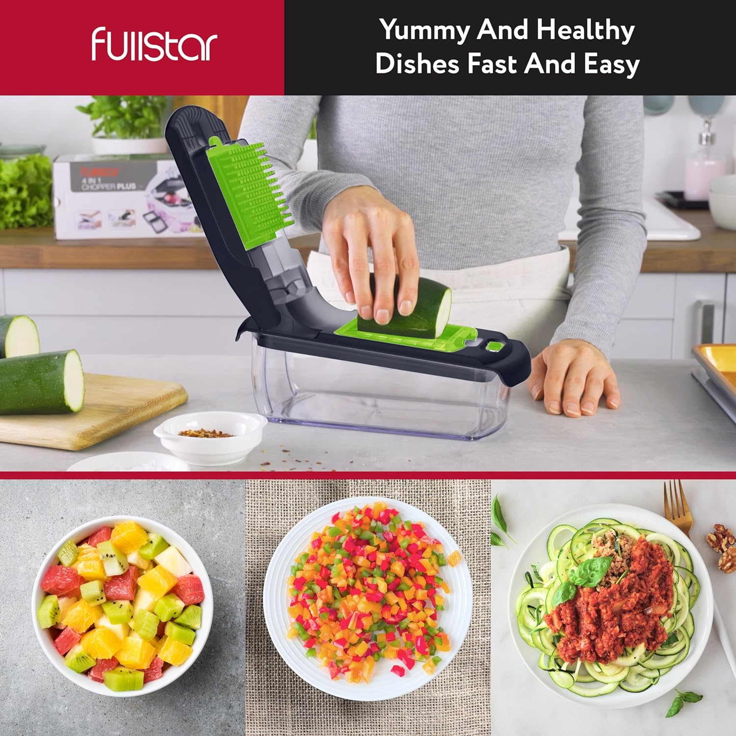 Fullstar Vegetable Chopper and Spiralizer - Food Chopper with Container, Fruit Slicer, Kitchen Gadgets & Accessories, Home Essentials (4 in 1, White)