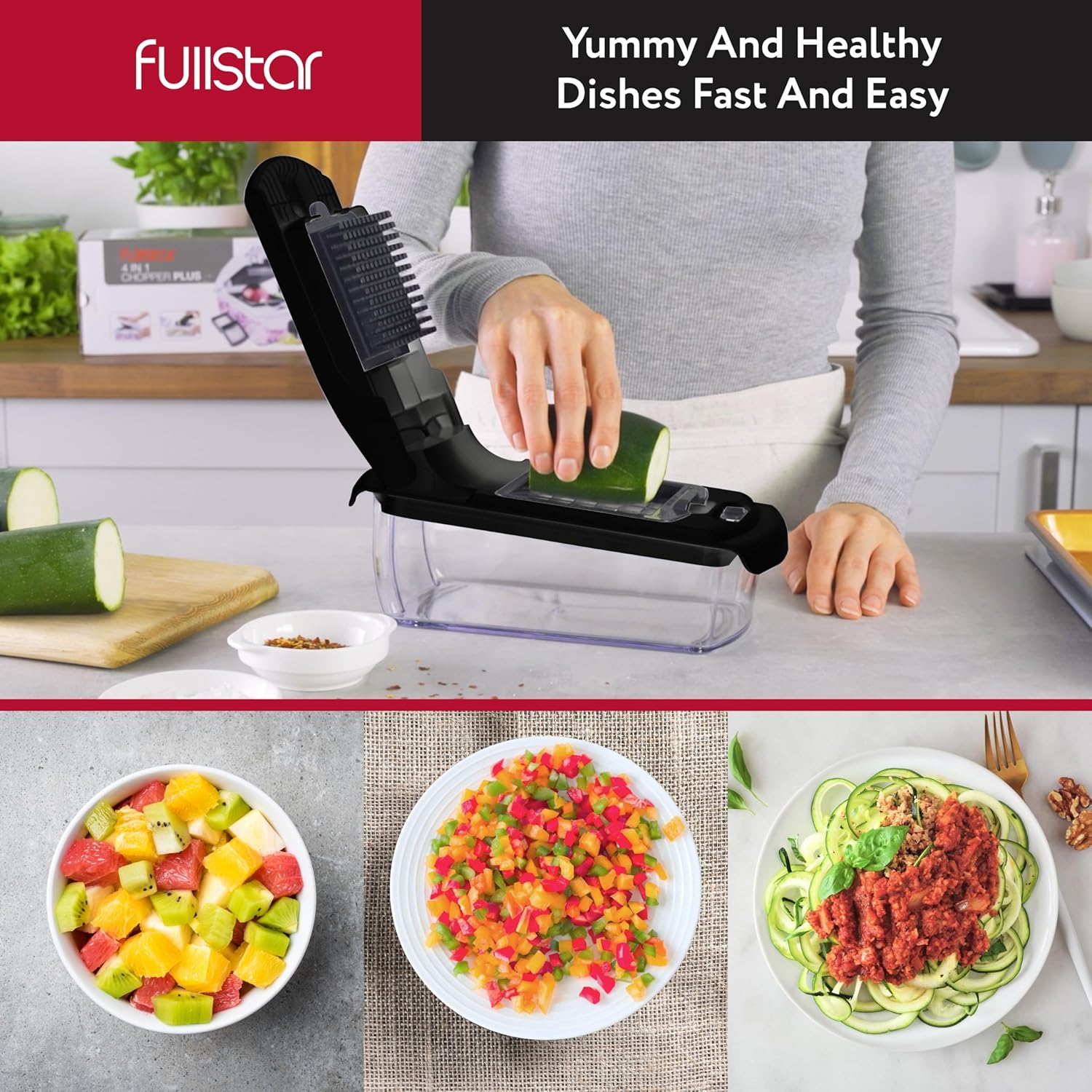 Fullstar Vegetable Chopper and Spiralizer - Food Chopper with Container, Fruit Slicer, Kitchen Gadgets & Accessories, Home Essentials (4 in 1, White)