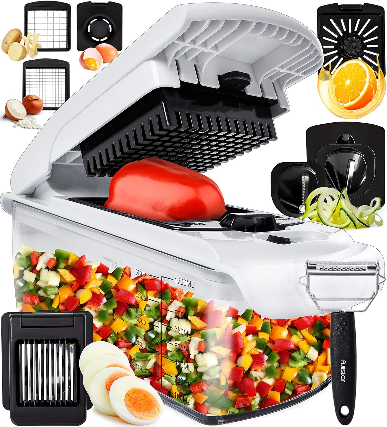 Fullstar Vegetable Chopper and Spiralizer - Food Chopper with Container, Fruit Slicer, Kitchen Gadgets & Accessories, Home Essentials (4 in 1, White)