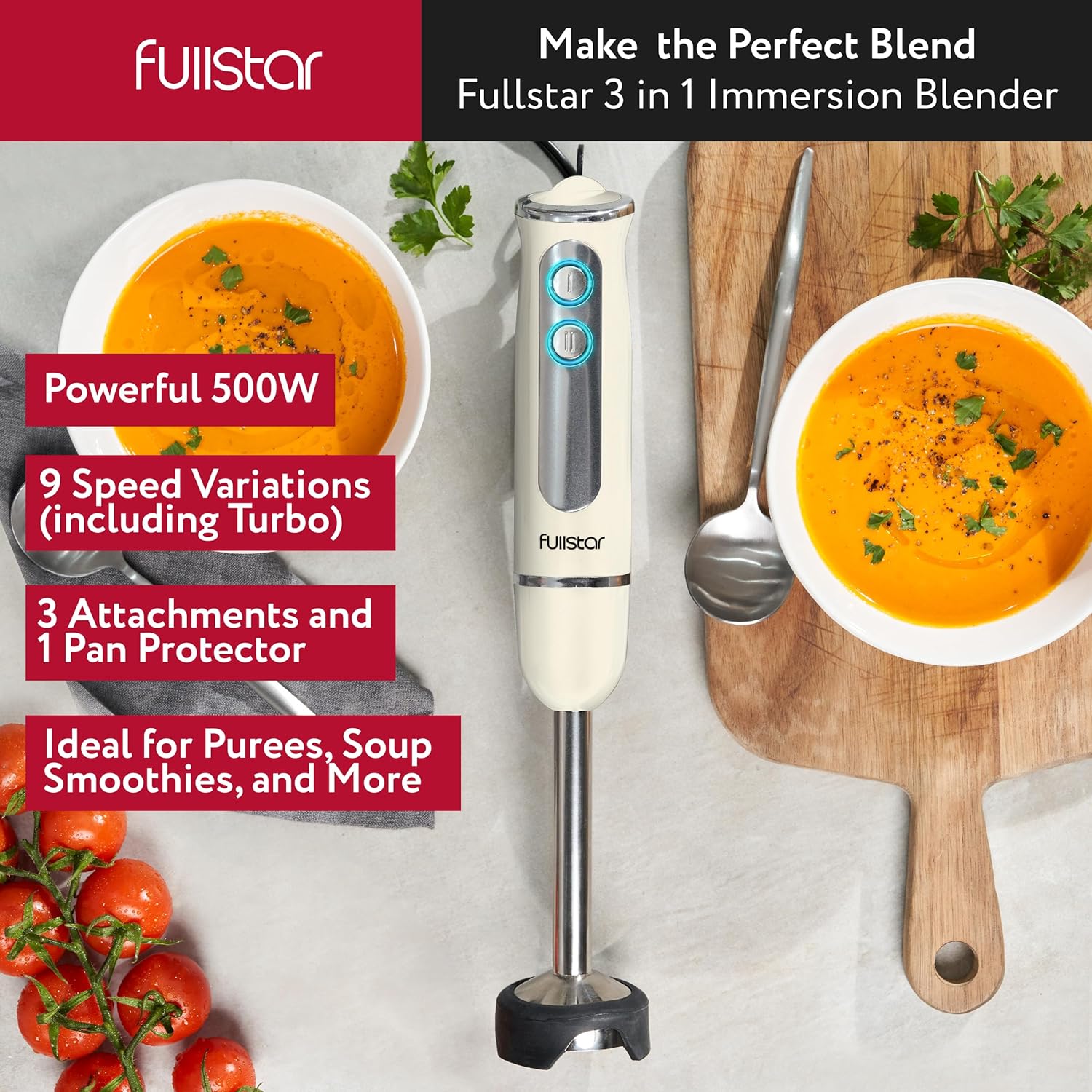 fullstar Immersion Blender Set, 9-Speed 500W Handheld Electric Hand Mixer, Smoothie Blender (3-in-1, Black)